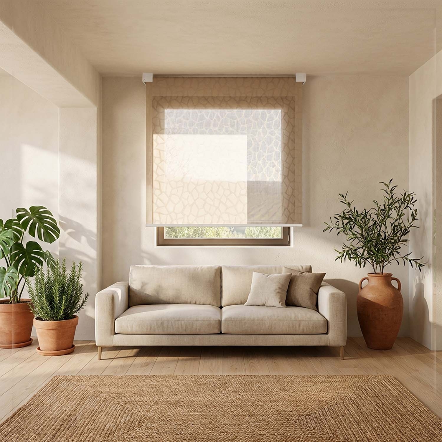 Recta: toldo vertical con placa de diseño geométrico