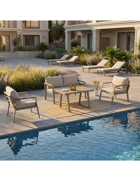 Parma: Set lounge de exterior en aluminio y madera de Iroko