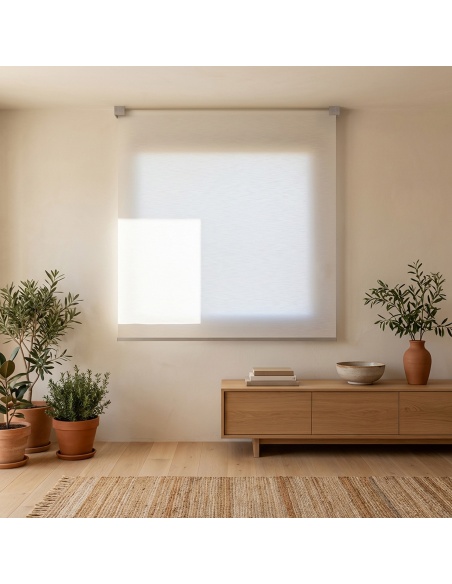 Recta: toldo vertical con placa de diseño geométrico