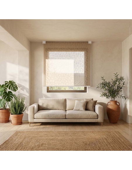 Recta: toldo vertical con placa de diseño geométrico